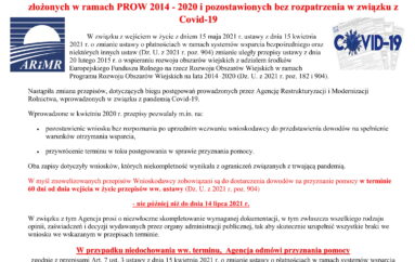 Określono ostateczny termin na uzupełnienie wniosków o przyznanie pomocy złożonych w ramach PROW 2014 – 2020 i pozostawionych bez rozpatrzenia w związku z Covid-19