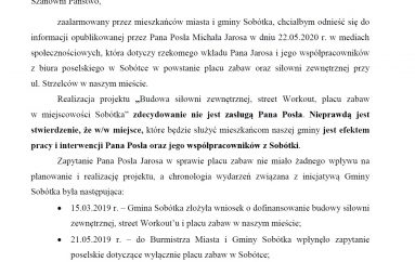Stanowisko Burmistrza Miasta i Gminy Sobótka w sprawie „Budowy siłowni zewnętrznej, street Workout’u i placu zabaw w miejscowości Sobótka”.