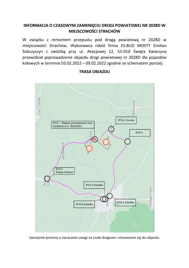 Informacja o czasowym zamknięciu drogi powiatowej nr 2028d w miejscowości Strachów
