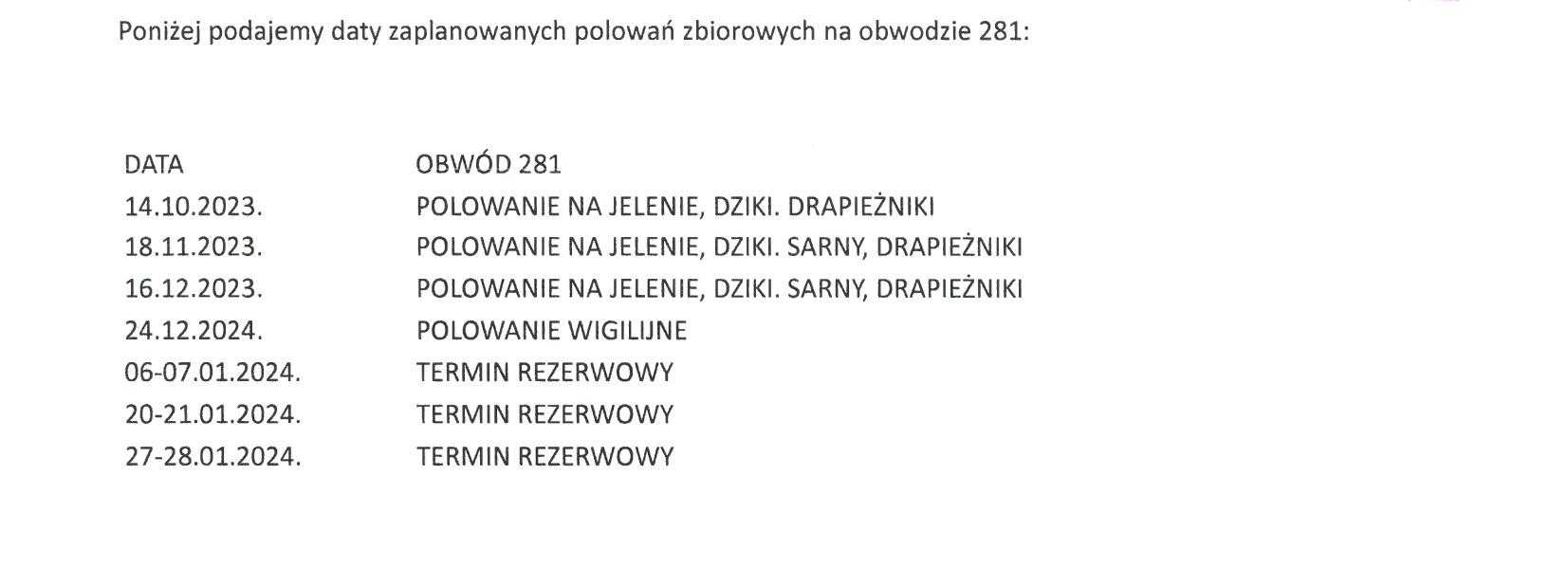 Kalendarz Polowań Zbiorowych Koła Łowieckie OSTOJA we Wrocławiu - Sezon Łowiecki 2023/2024 - Obwód 281