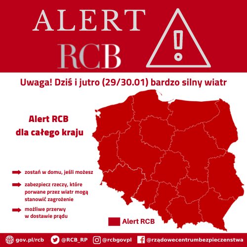 Uwaga Alert RCB – bardzo silny wiatr 29 - 30.01.2022